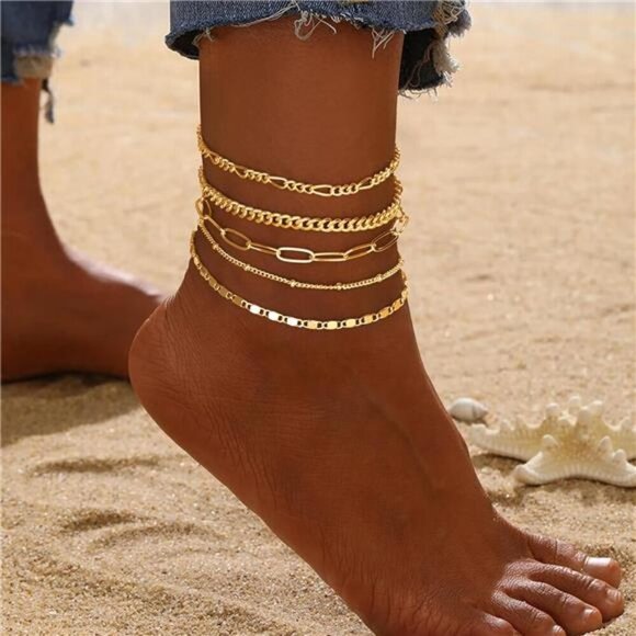 Gold Anklet Set for Women Layered Cuban Figaro Paperclip Waterproof Jewelry - Picture 4 of 7